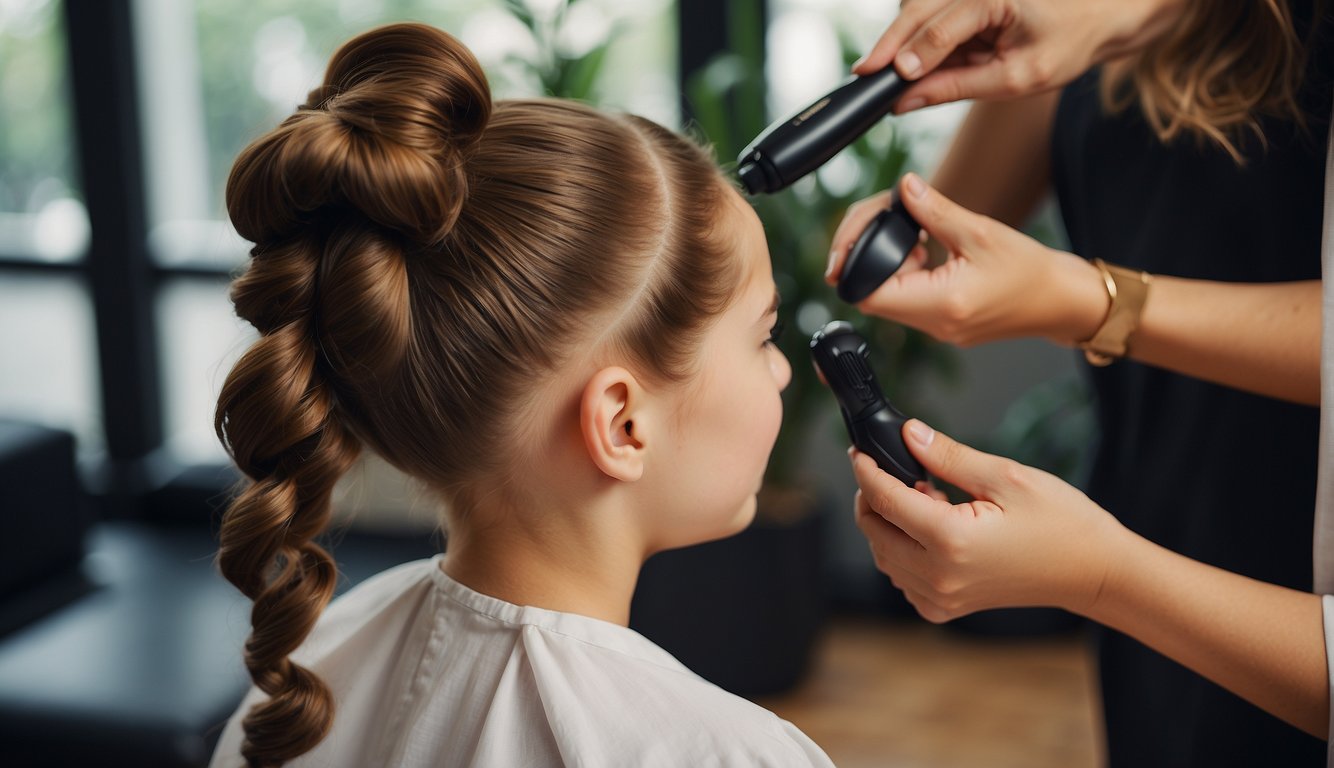 A young girl's hair being styled into simple and cute hairstyles by a pair of gentle hands