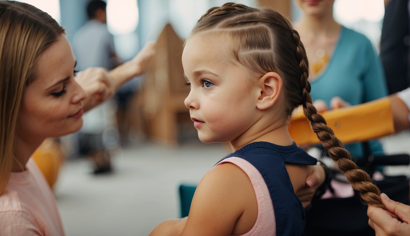 A baby girl's hair is being styled into creative braids, showcasing different styles and techniques