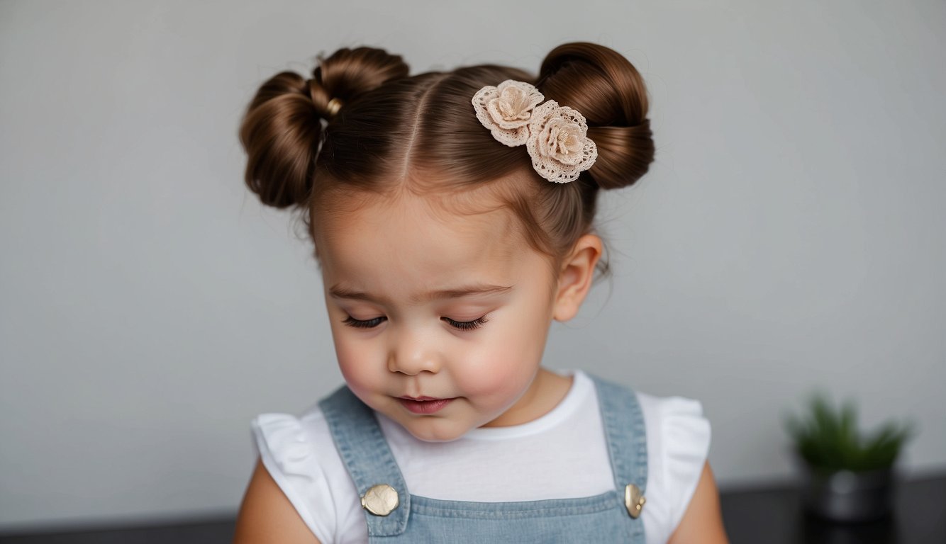 A baby girl's hair is styled into unique updos and buns using hair accessories and gentle techniques