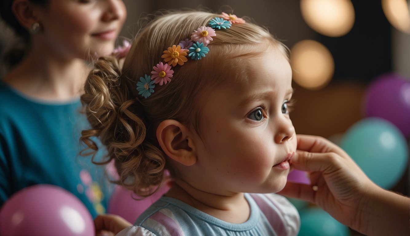 A baby girl's hair being gently brushed and styled with colorful hair accessories