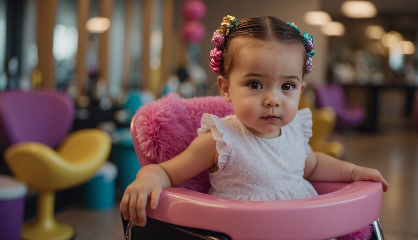A baby girl sits in a salon chair, surrounded by colorful hair accessories and styling products. The stylist carefully works on her hair, creating cute braids or ponytails