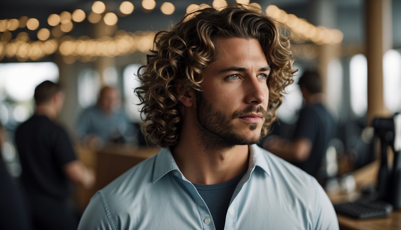 A man's thick wavy hair styled with texturizing spray and a wide-tooth comb to enhance natural waves