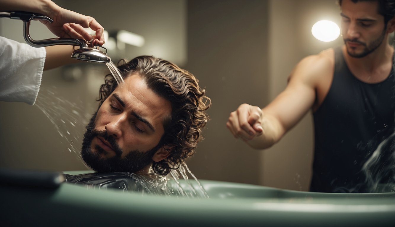 A man's thick wavy hair being washed and conditioned, then styled with product for optimal health and appearance