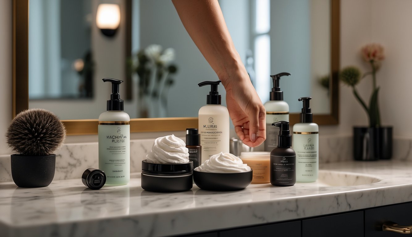 A hand reaches for various styling products on a bathroom counter, including gel, pomade, and mousse. Thick wavy hair is shown in the background, ready to be styled