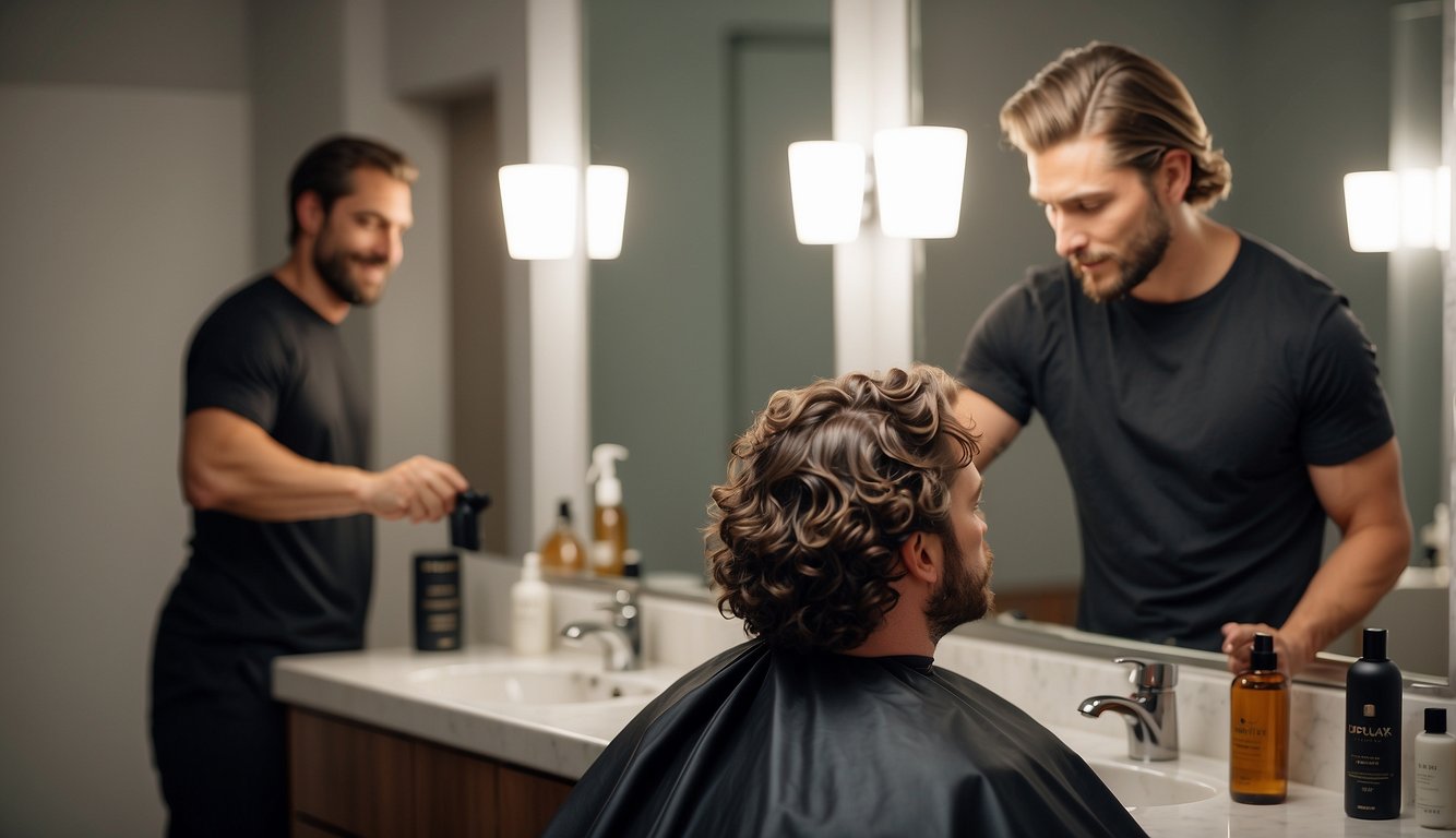 A man's thick wavy hair is being styled with a comb and hair products in a well-lit bathroom, with a mirror and hair care products in the background