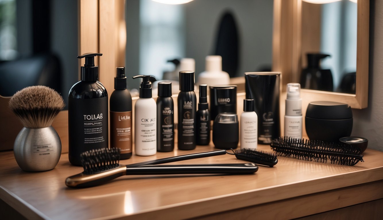 A table with haircare products and tools, including a crimping iron and various styling products. A mirror reflects the table, with a chair nearby for someone to sit and style their hair