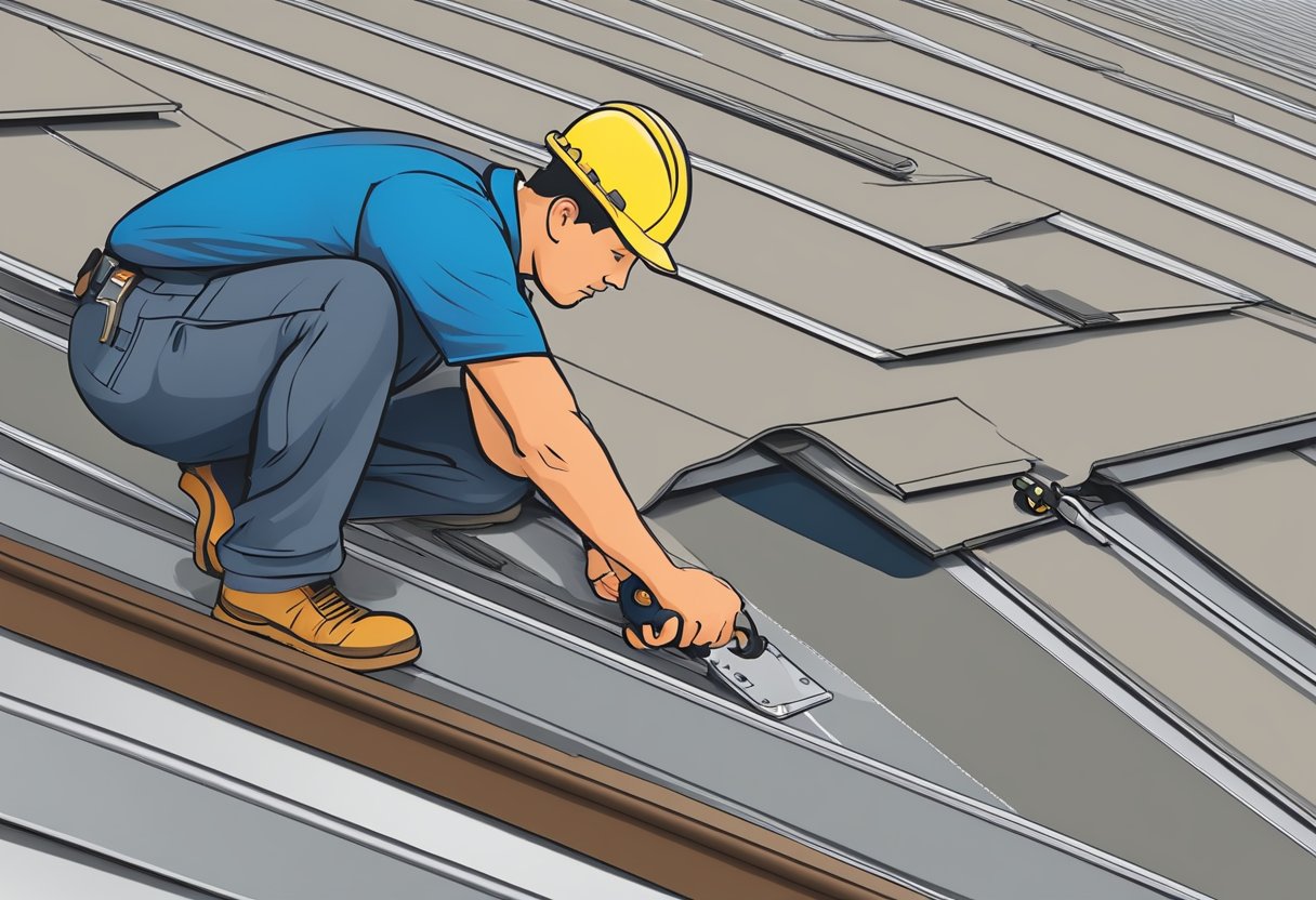A metal roofing contractor in Pittsburgh, PA carefully inspecting and measuring a roof for installation