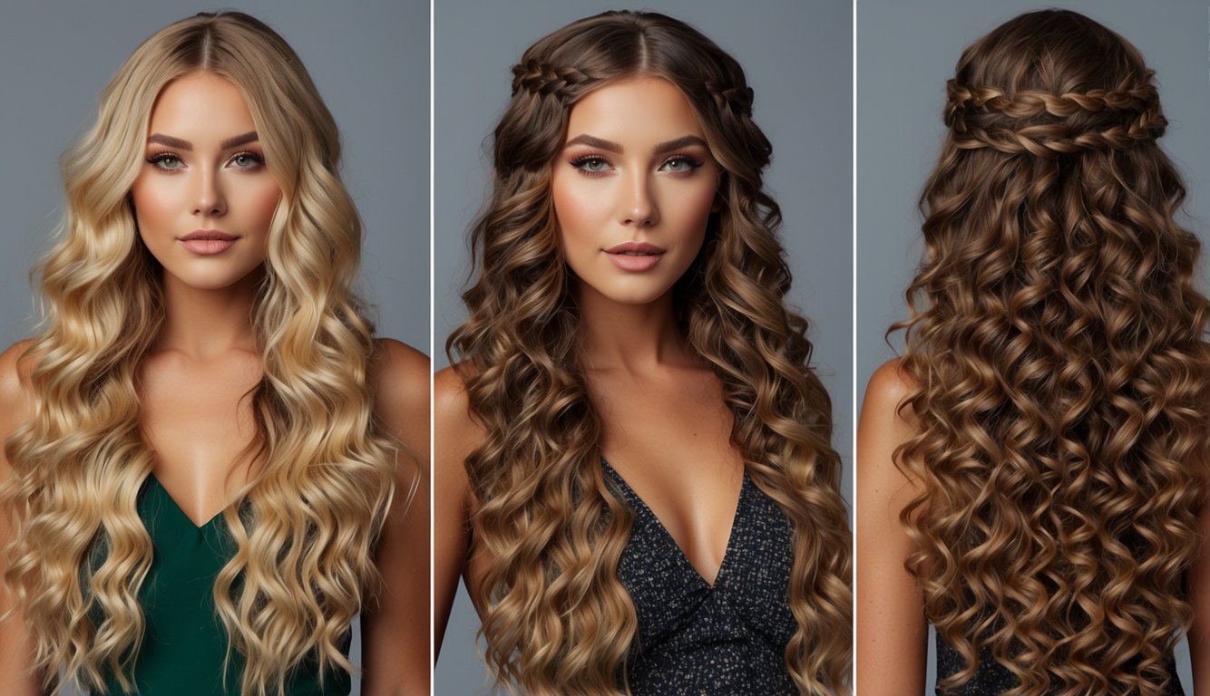 A model with crimped hair styled in various ways, from loose waves to intricate braids, showcasing the versatility of crimped hairstyles