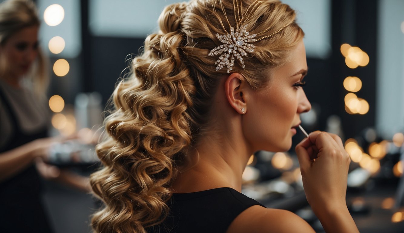 Crimped hair being styled with accessories and embellishments