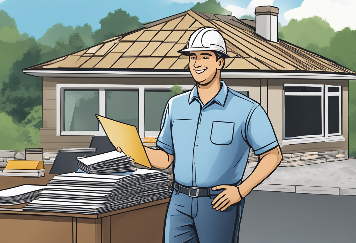 A metal roofing contractor in Pittsburgh, PA answering questions from customers, with a stack of brochures and samples on a desk