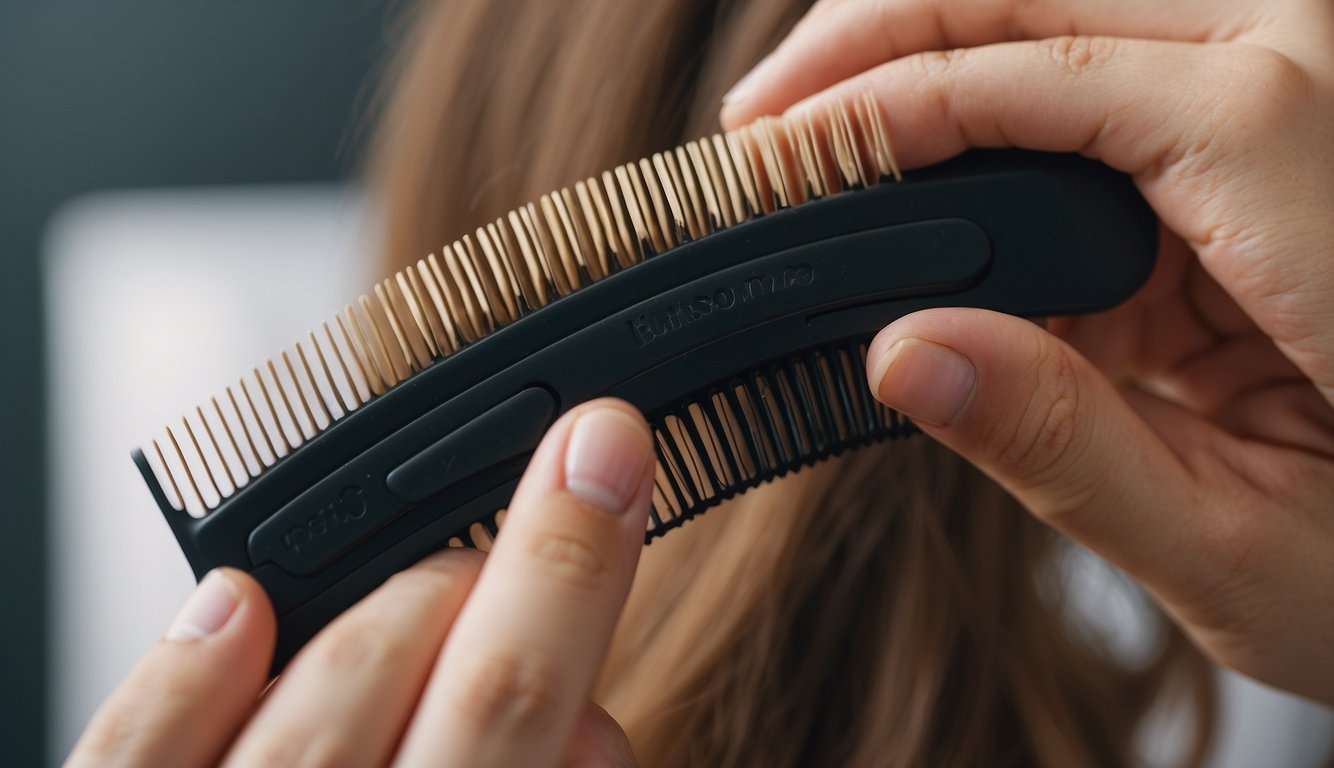 A hand holding a wide-tooth comb, applying leave-in conditioner to frizzy hair. A hair tie and clips are nearby on a clean, organized surface