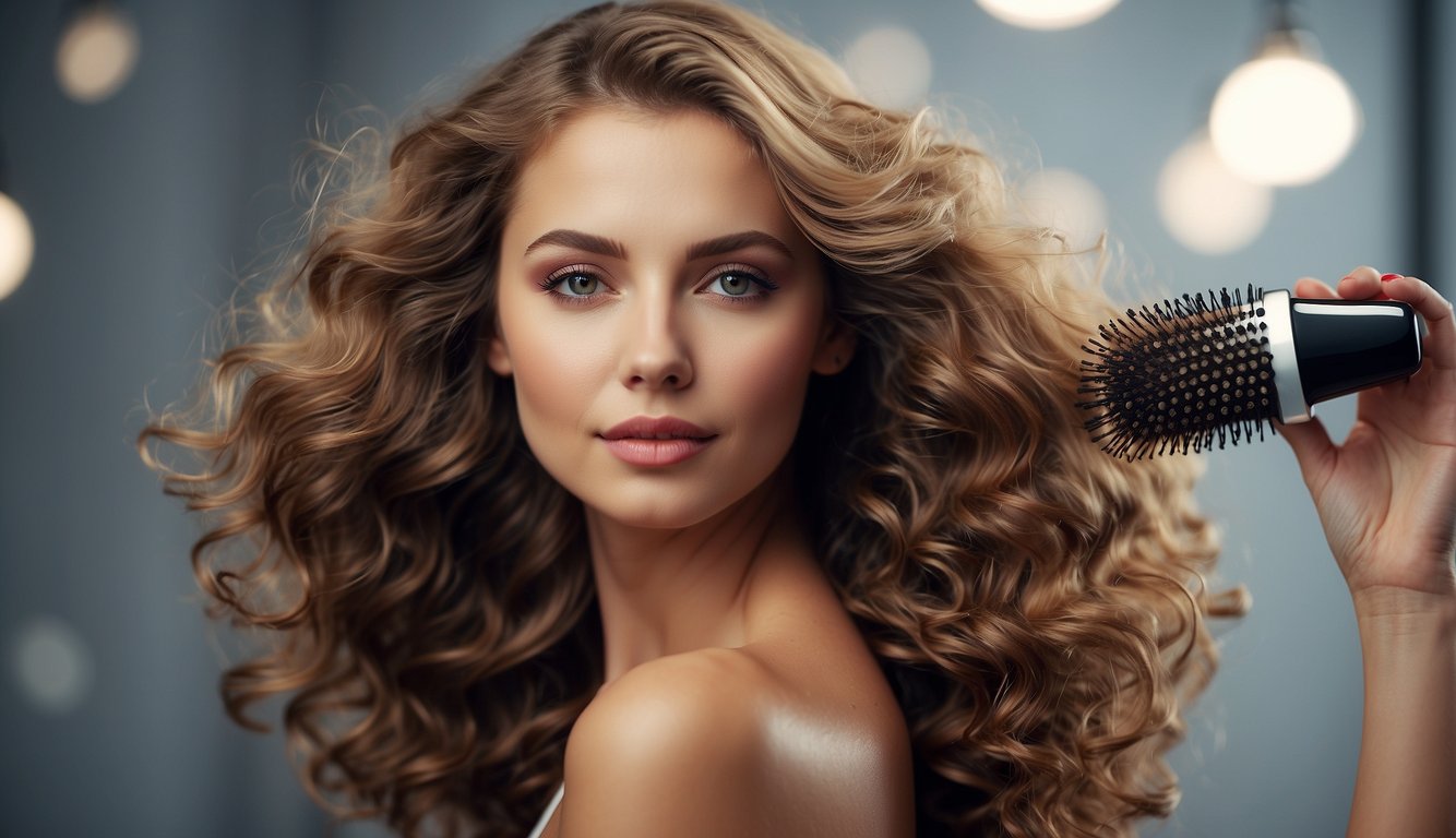 A hairbrush glides through frizzy hair, applying moisturizing products. No heat is used in the styling process