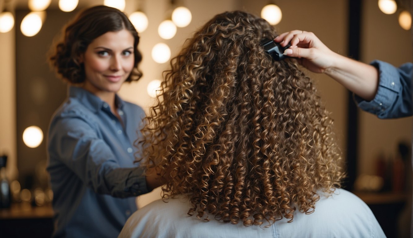 Frizzy hair being styled without heat using products and tools