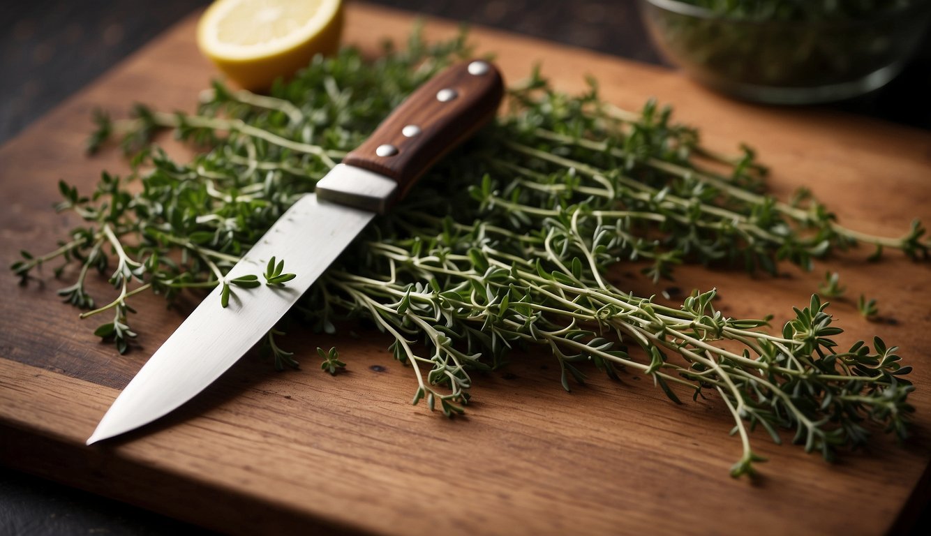 Thyme stems on a cutting board, with a knife nearby