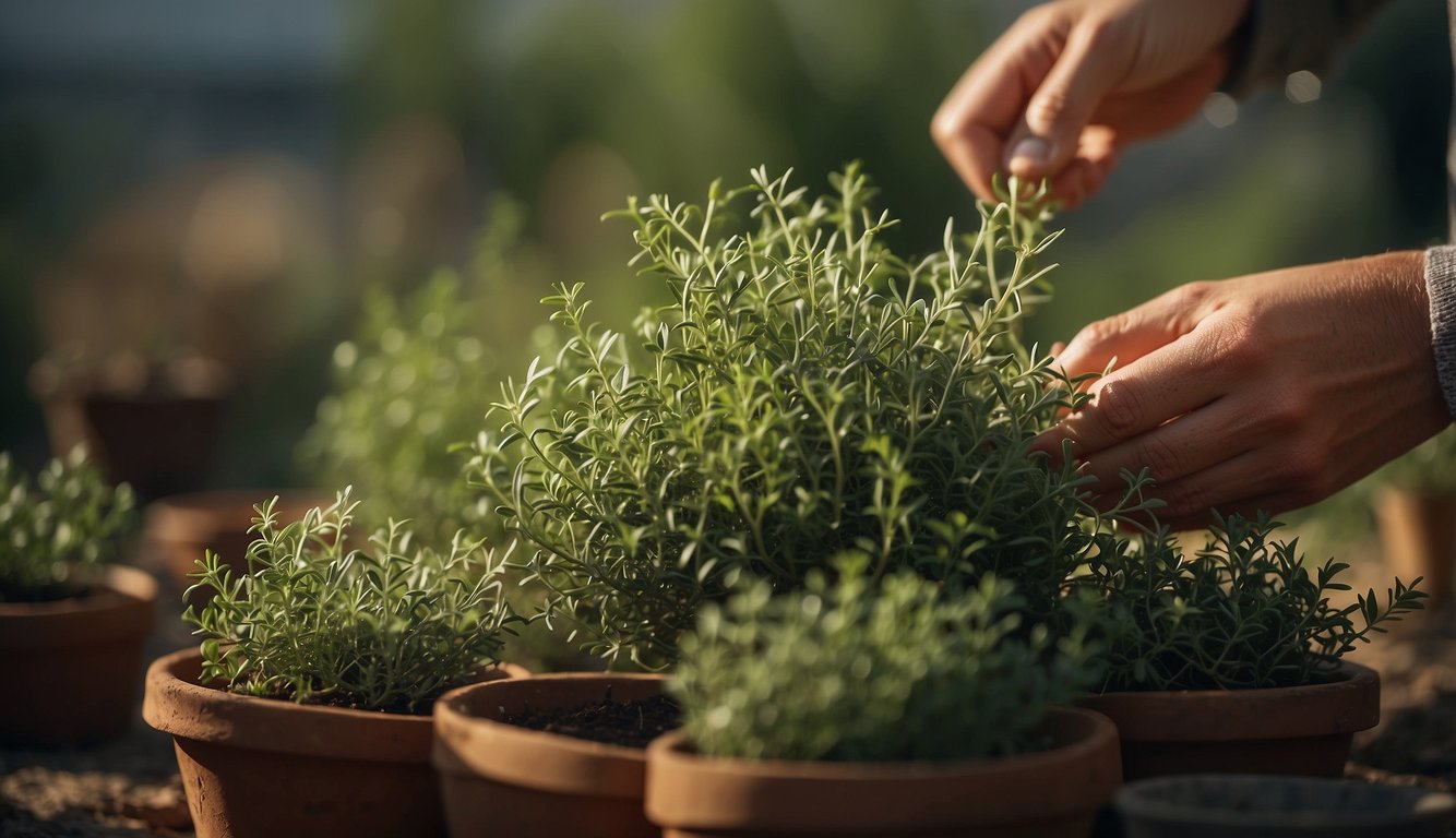 Fresh thyme sprigs being plucked from a plant, with focus on the stems