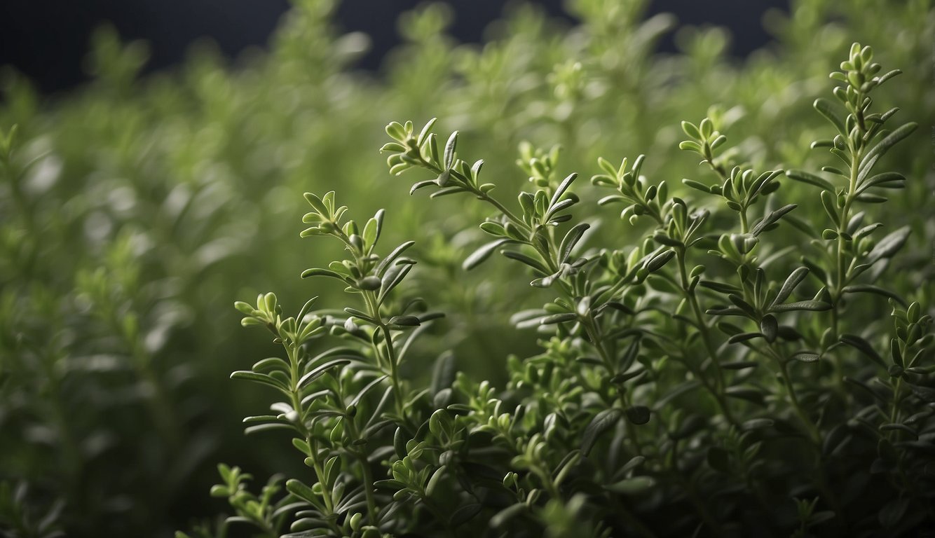 Lush thyme plant with thin, woody stems and small, fragrant leaves cascading from the top
