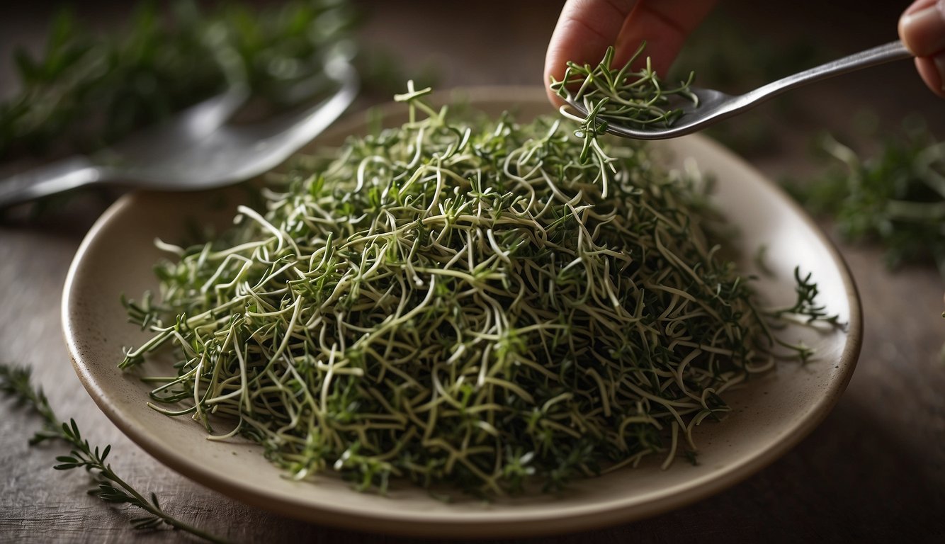 Thyme stems washed, chopped, and sprinkled on a dish. A handless figure picks up a fork and takes a bite