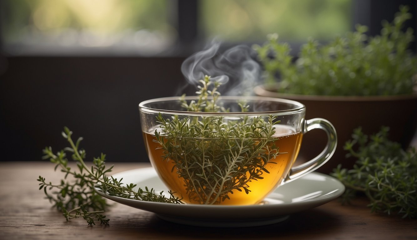 Thyme stems float in a steaming cup of herbal tea