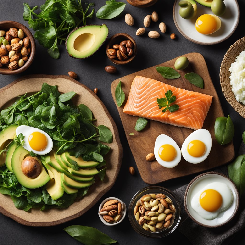 A table set with keto-friendly foods: avocado, eggs, salmon, leafy greens, nuts, and olive oil. No carb-heavy items in sight