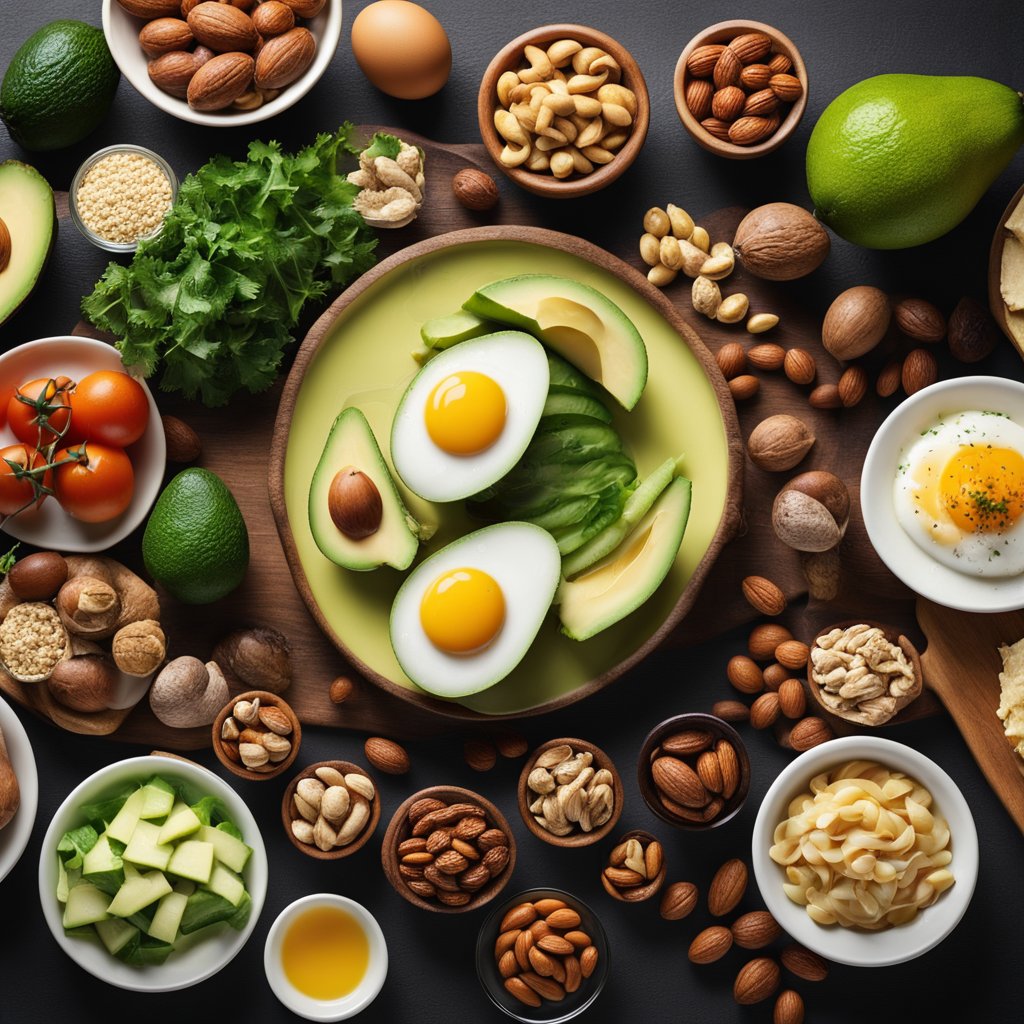 A table with various keto-friendly foods: avocados, nuts, eggs, vegetables, and lean meats. No sugary or starchy items in sight