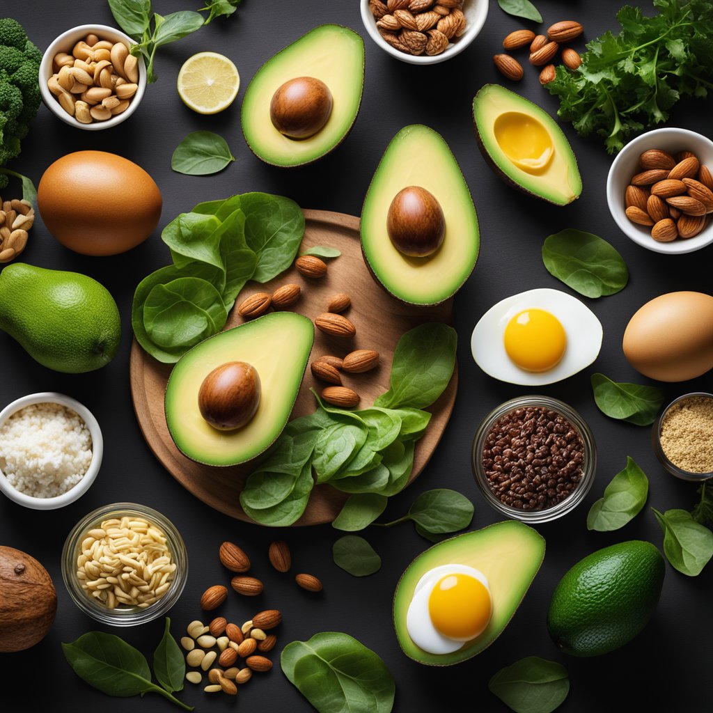 A table filled with keto-friendly foods, such as avocados, eggs, nuts, and leafy greens. No humans or body parts included