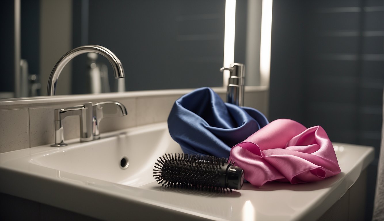A woman's hand holds a bottle of salon-quality hair treatment while a hairdryer and styling tools sit on a bathroom counter. A shower cap and silk scarf are draped over a chair, ready for use