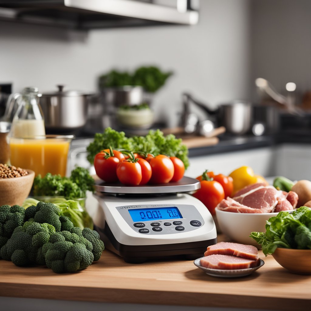 A kitchen counter with low-carb vegetables, lean meats, and healthy fats. A scale and measuring cups sit nearby