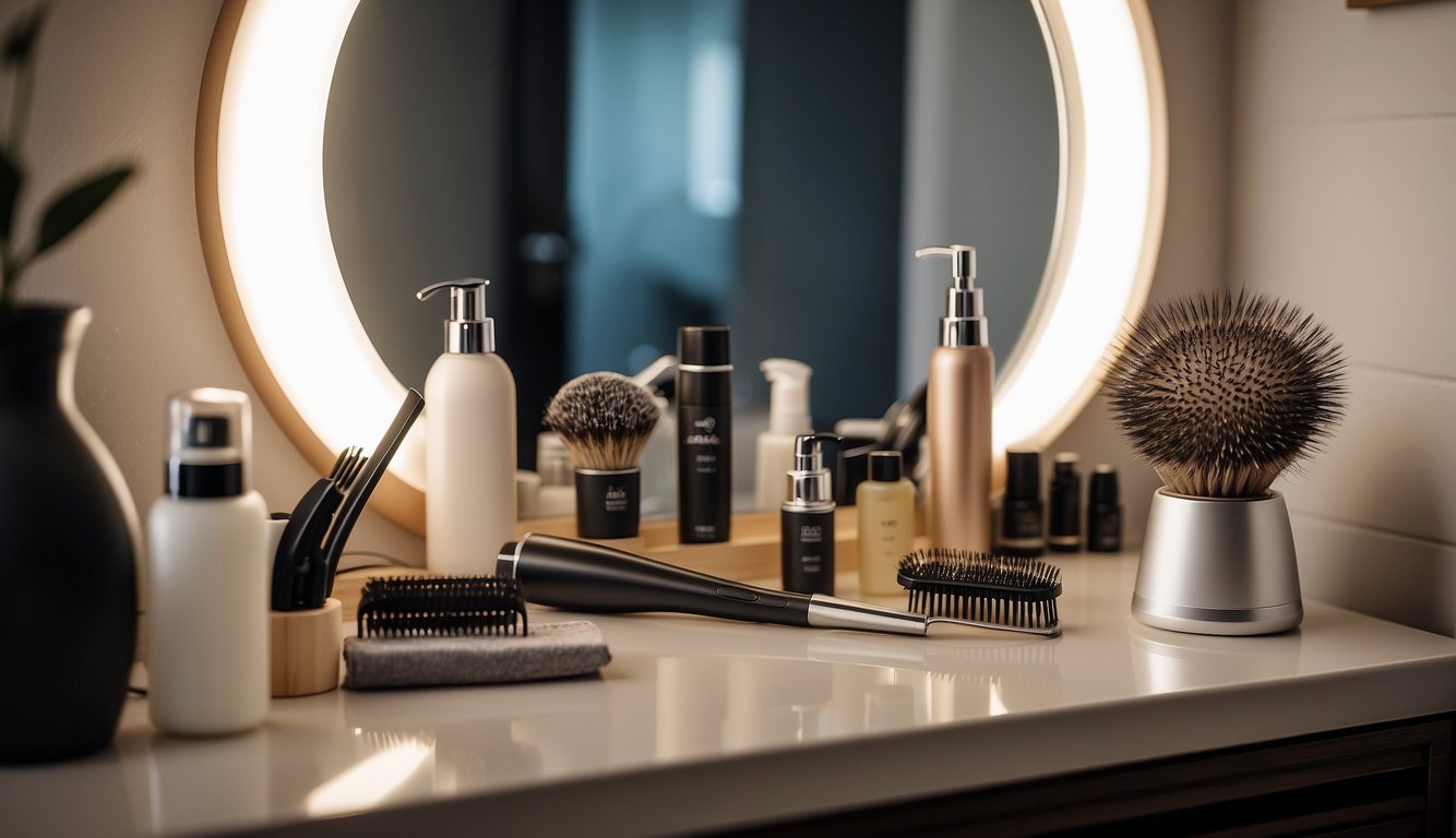 A hairdryer, round brush, and hair products laid out on a clean, organized countertop. A mirror reflects the tools, creating a sense of anticipation