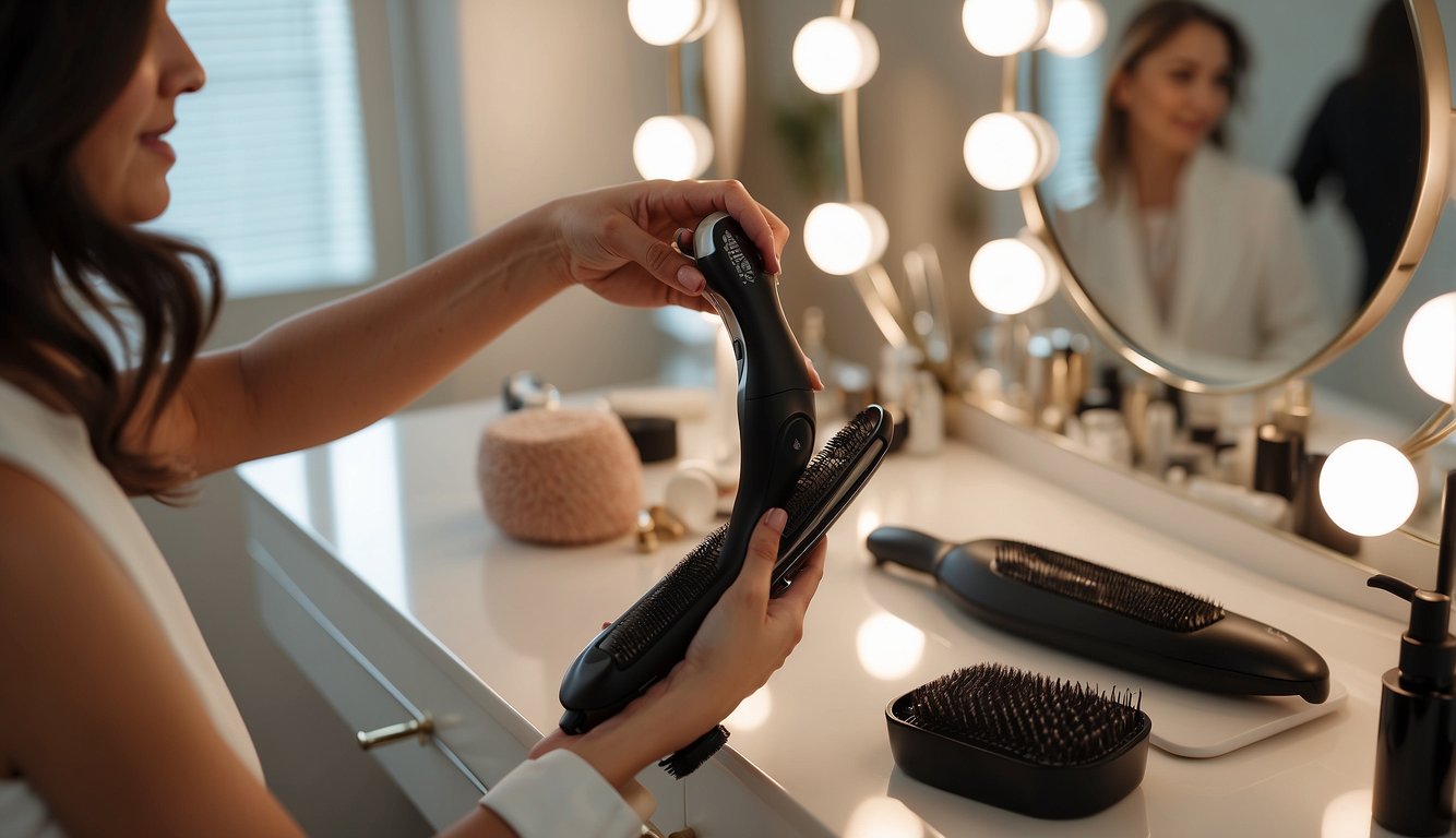 A woman's hand reaches for a sleek, professional hair styling tool on a clean, organized vanity. A mirror reflects her confident smile as she prepares to recreate salon-worthy hair at home