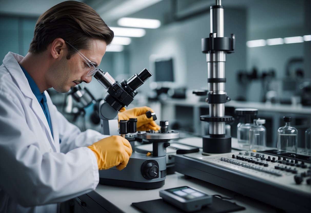 ISO 17025 Measurement Uncertainty - A laboratory technician carefully calibrates a precision instrument, surrounded by reference standards and measurement equipment
