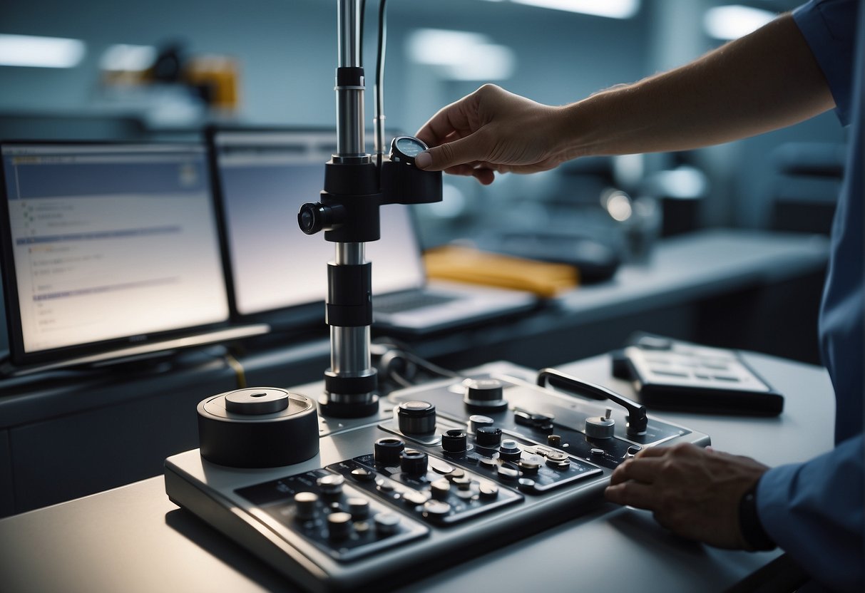 ISO 17025 Measurement Uncertainty - A laboratory technician calibrating equipment with precision tools and recording measurements in a logbook