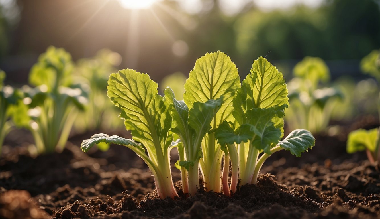 A healthy rhubarb plant grows in a garden, surrounded by rich soil and receiving plenty of sunlight. Nearby, a gardener diligently removes any unwanted rhubarb shoots to prevent overgrowth