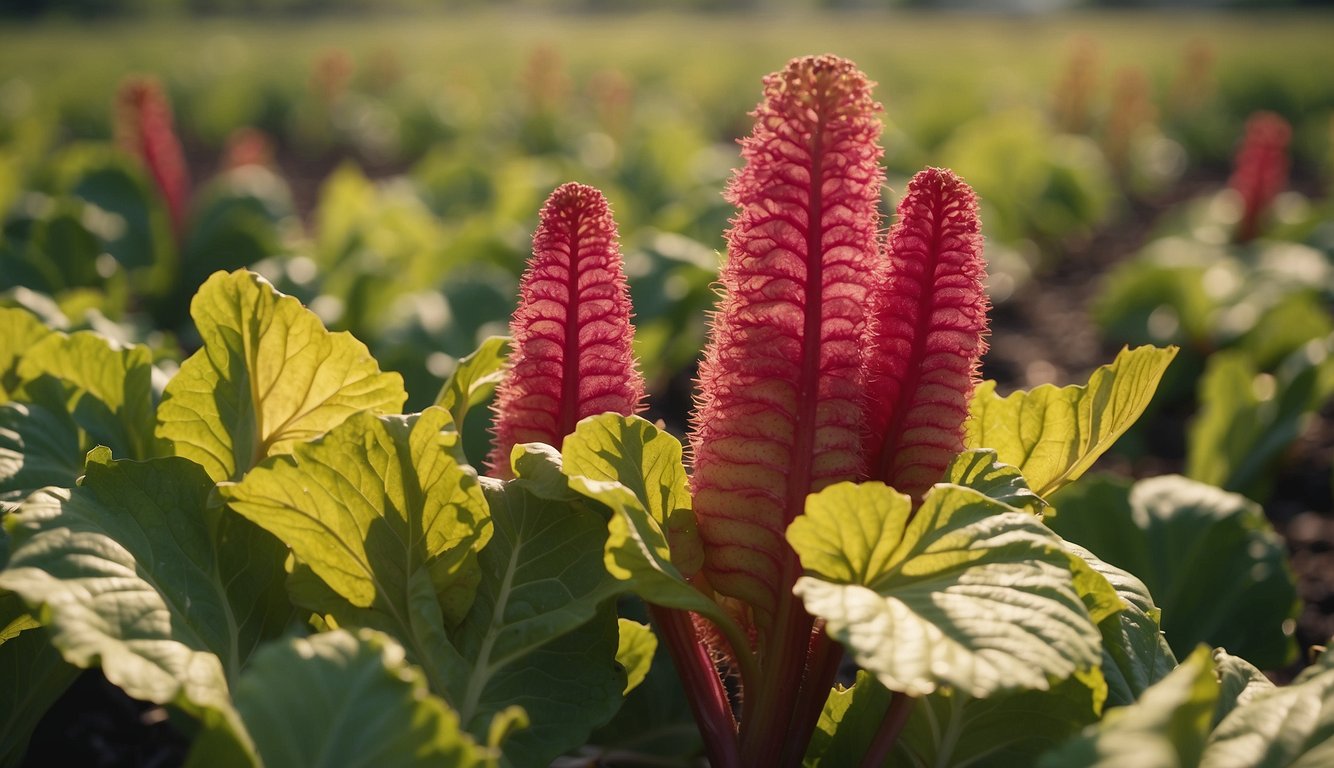 Rhubarb plants with wilted leaves, yellowing stems, and pest damage. Weeds and debris surround the plants. A gardener removes affected leaves and sprays organic insecticide
