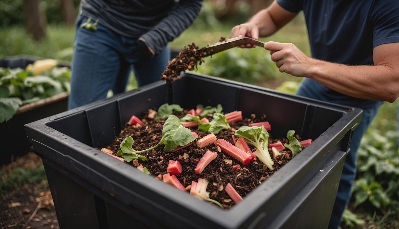 A person dumping rhubarb waste into a compost bin