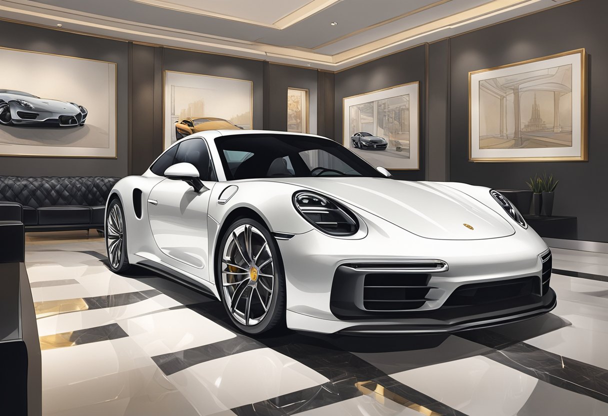 A sleek Porsche sits in a showroom, surrounded by luxurious decor. A price tag prominently displays the model's value, while potential buyers admire its timeless design