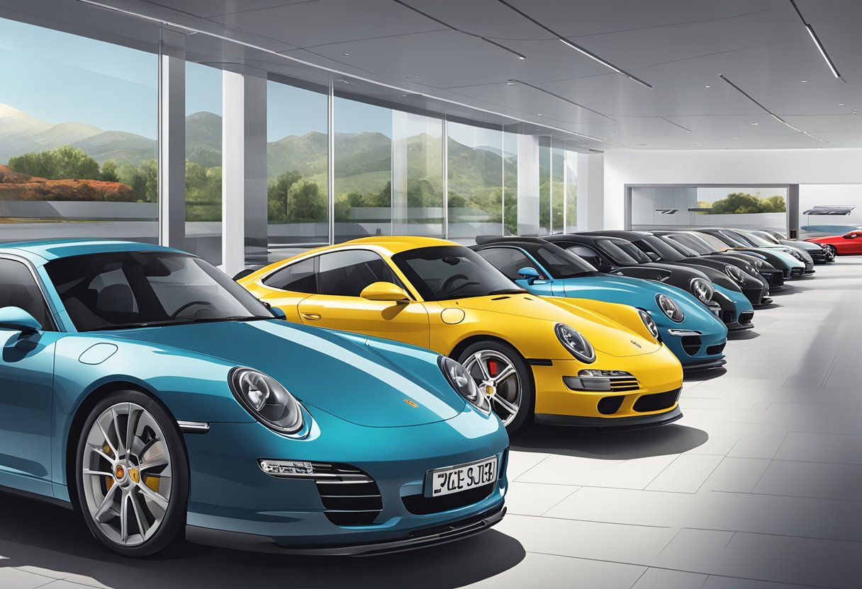 A lineup of sleek Porsche cars in a showroom, showcasing a variety of models and colors, with a prominent sign displaying "Porsche Pricing Model Never Fails."