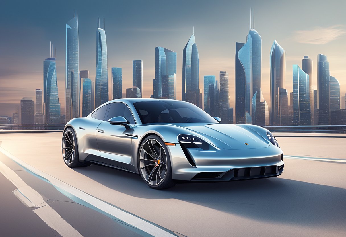 A sleek Porsche sports car sits in front of a futuristic city skyline, with a bold headline "Porsche's Future in Pricing" above it. The car exudes luxury and sophistication, hinting at the success of the pricing model