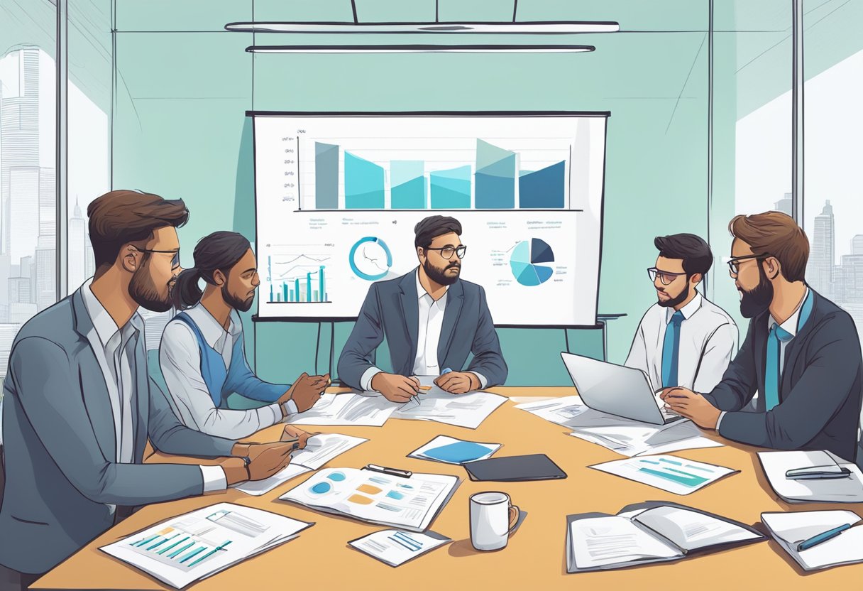 A group of people gather around a table, discussing market feedback and strategy. Charts and graphs decorate the walls, while a whiteboard displays frequently asked questions