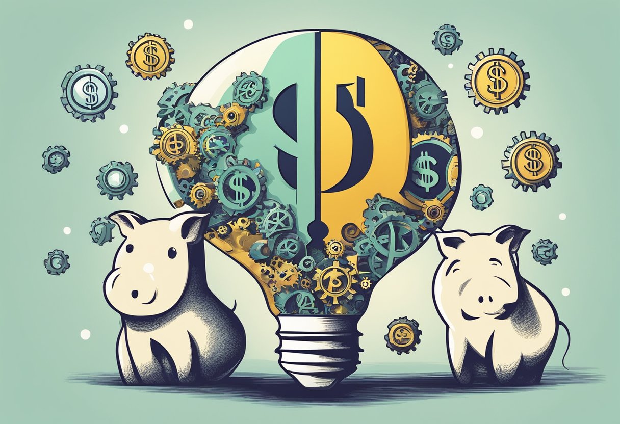 A lightbulb with a dollar sign inside, surrounded by gears and a broken piggy bank