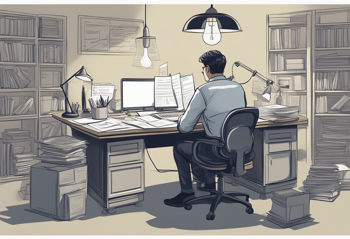 A person sits at a desk, surrounded by papers and a laptop. They are deep in thought, with a look of determination on their face. A light bulb hovers above their head, symbolizing their invention idea