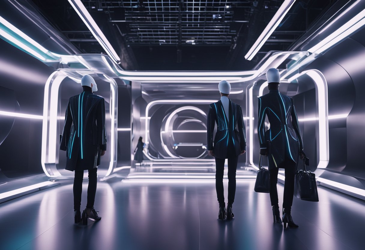 A sleek, futuristic runway with holographic projections and interactive displays showcasing cutting-edge luxury fashion designs