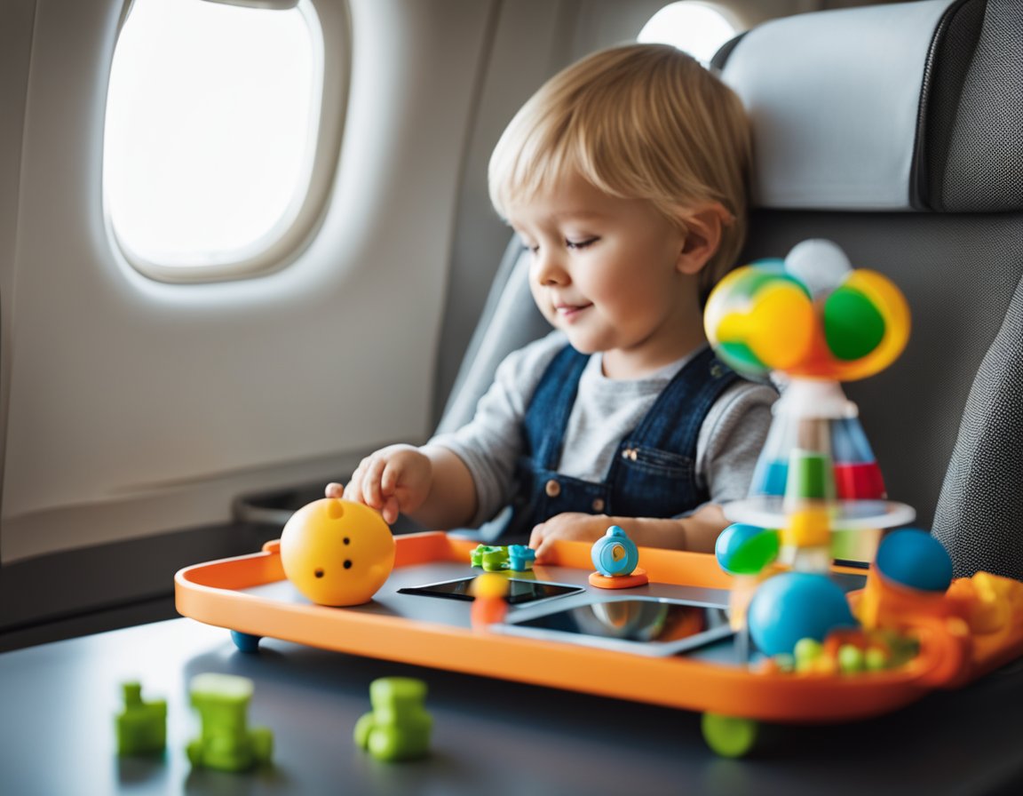 A toddler plays with colorful toys and books on a tray table. A tablet with kid-friendly apps sits nearby. The child is content and engaged during the long flight