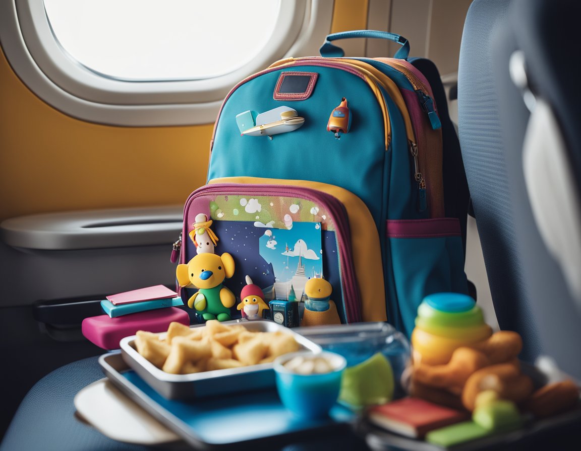 A colorful backpack with toys and books, a tablet with children's shows, and a snack pack laid out on a tray table in front of a toddler's airplane seat