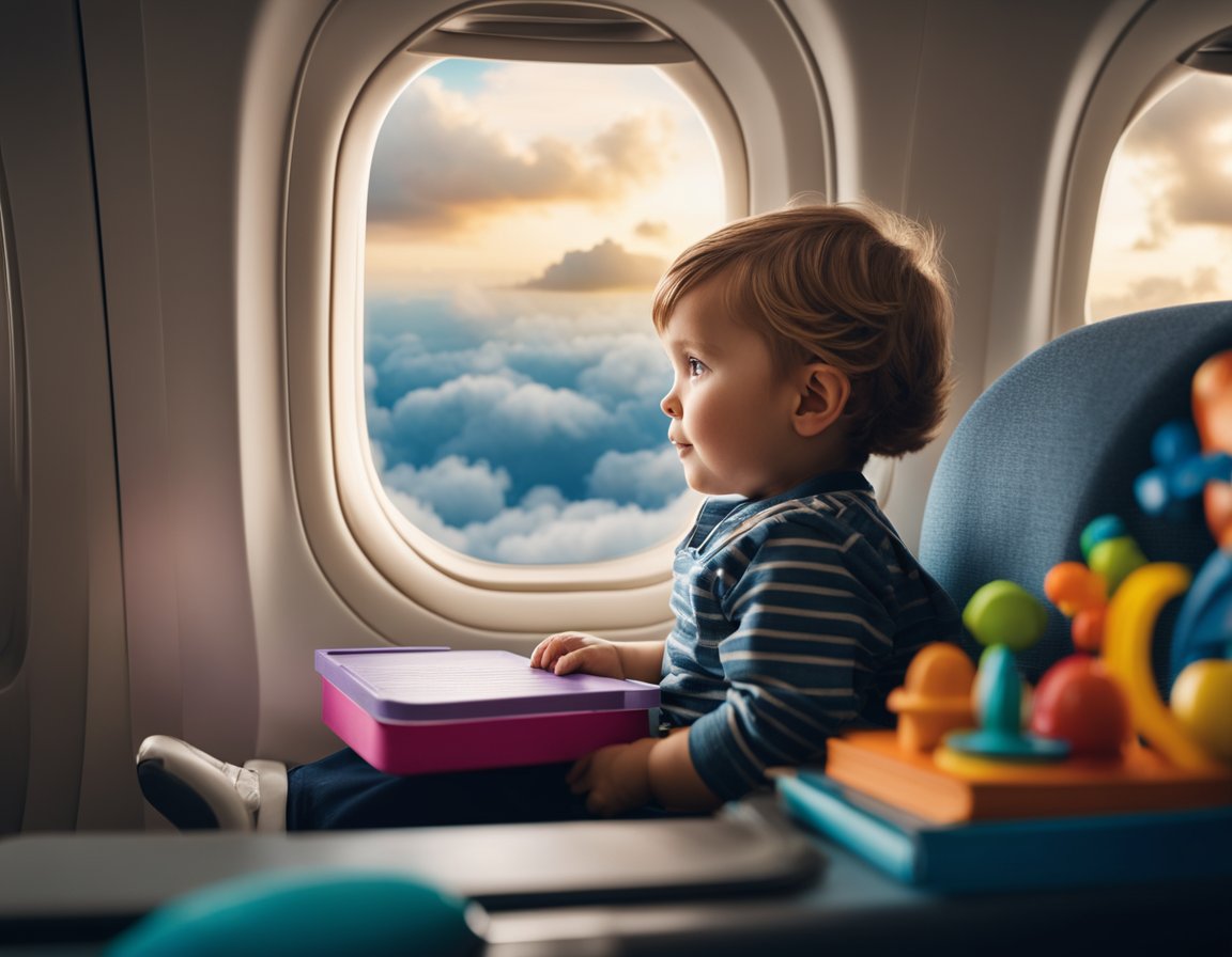 A toddler sits in a plane seat with a tray table in front, surrounded by colorful toys and books. The window shows a cloudy sky