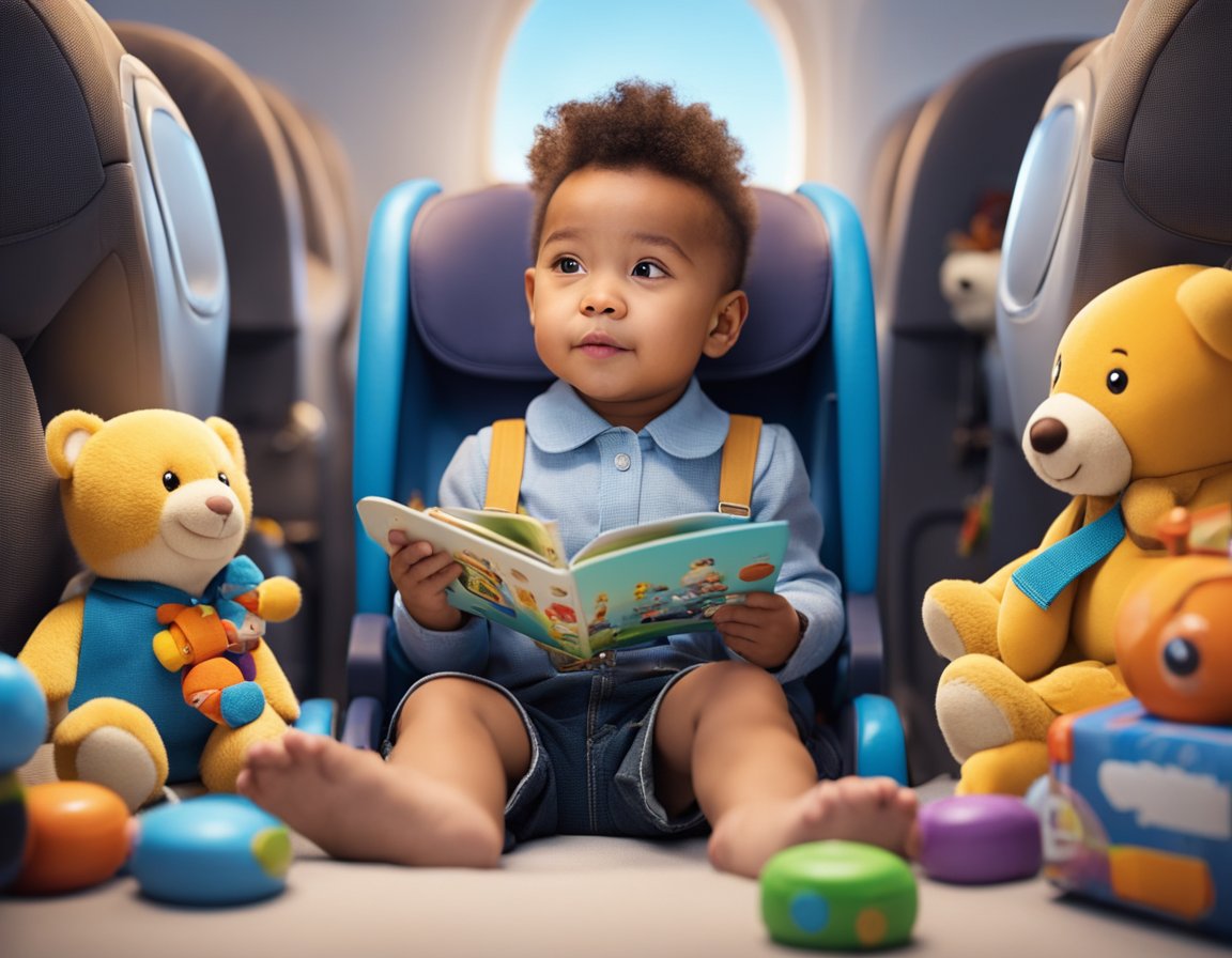 A toddler sits in a plane seat, surrounded by toys and books. A tablet plays a colorful cartoon. The child looks engaged and content