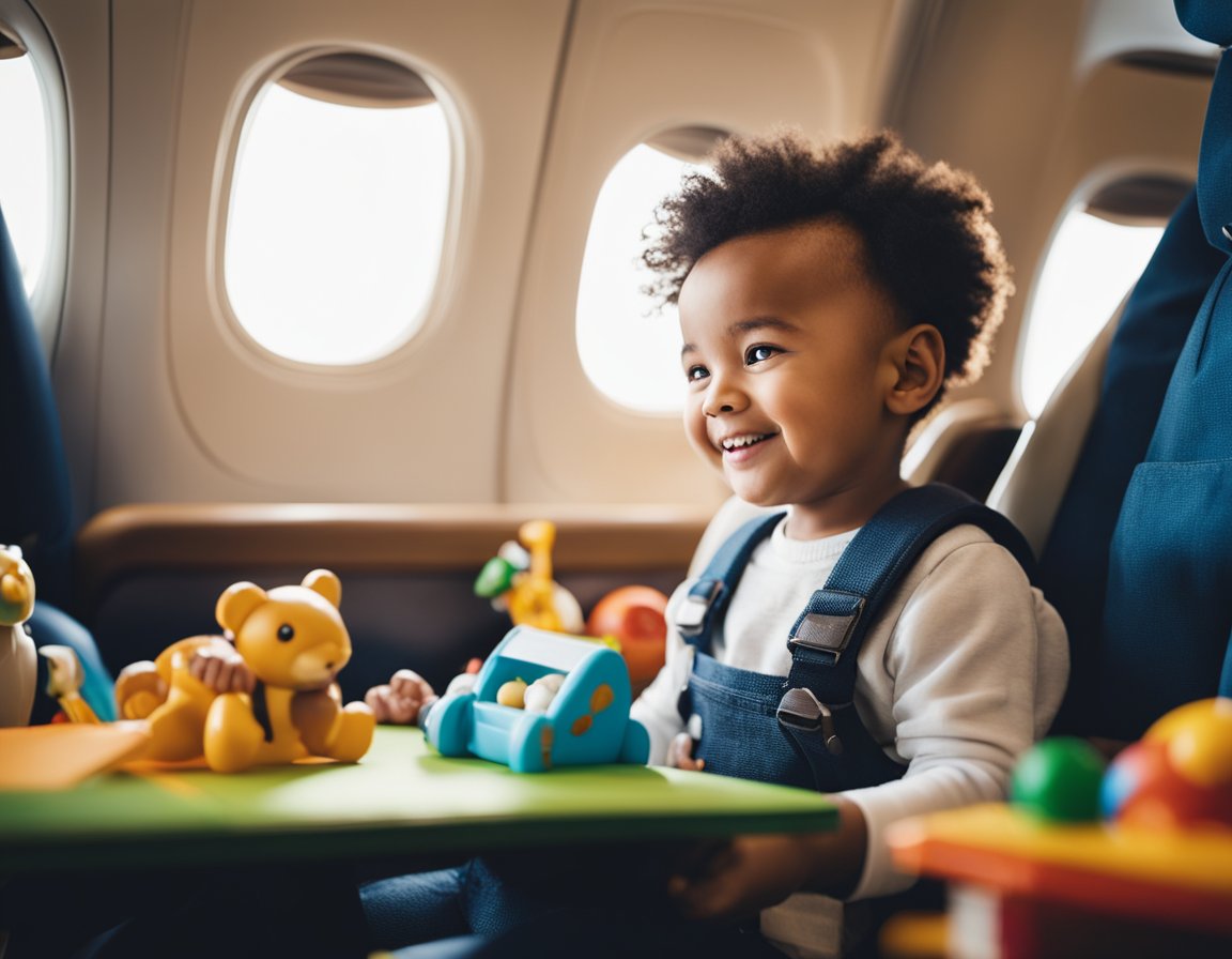 A toddler sitting in a comfortable airplane seat with a variety of toys and books spread out in front of them, while a parent interacts with them, smiling and engaging in play