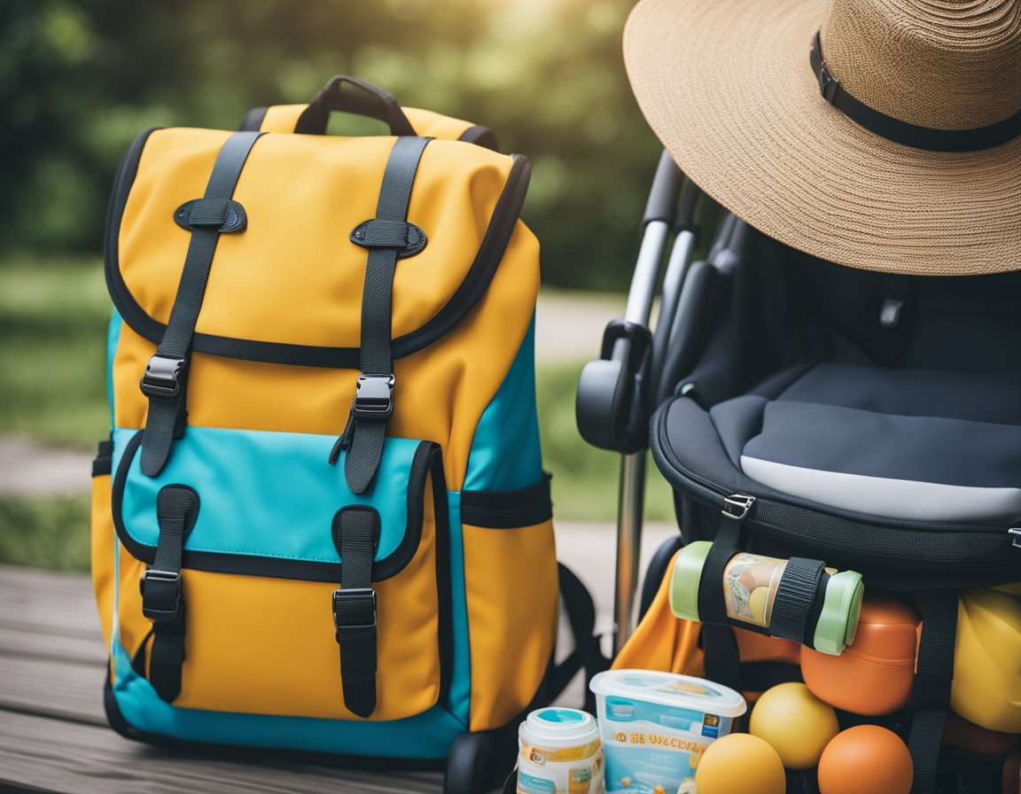 A colorful backpack with toys, snacks, and diapers. Sunscreen, hat, and sunglasses. Stroller and car seat. A map and travel itinerary