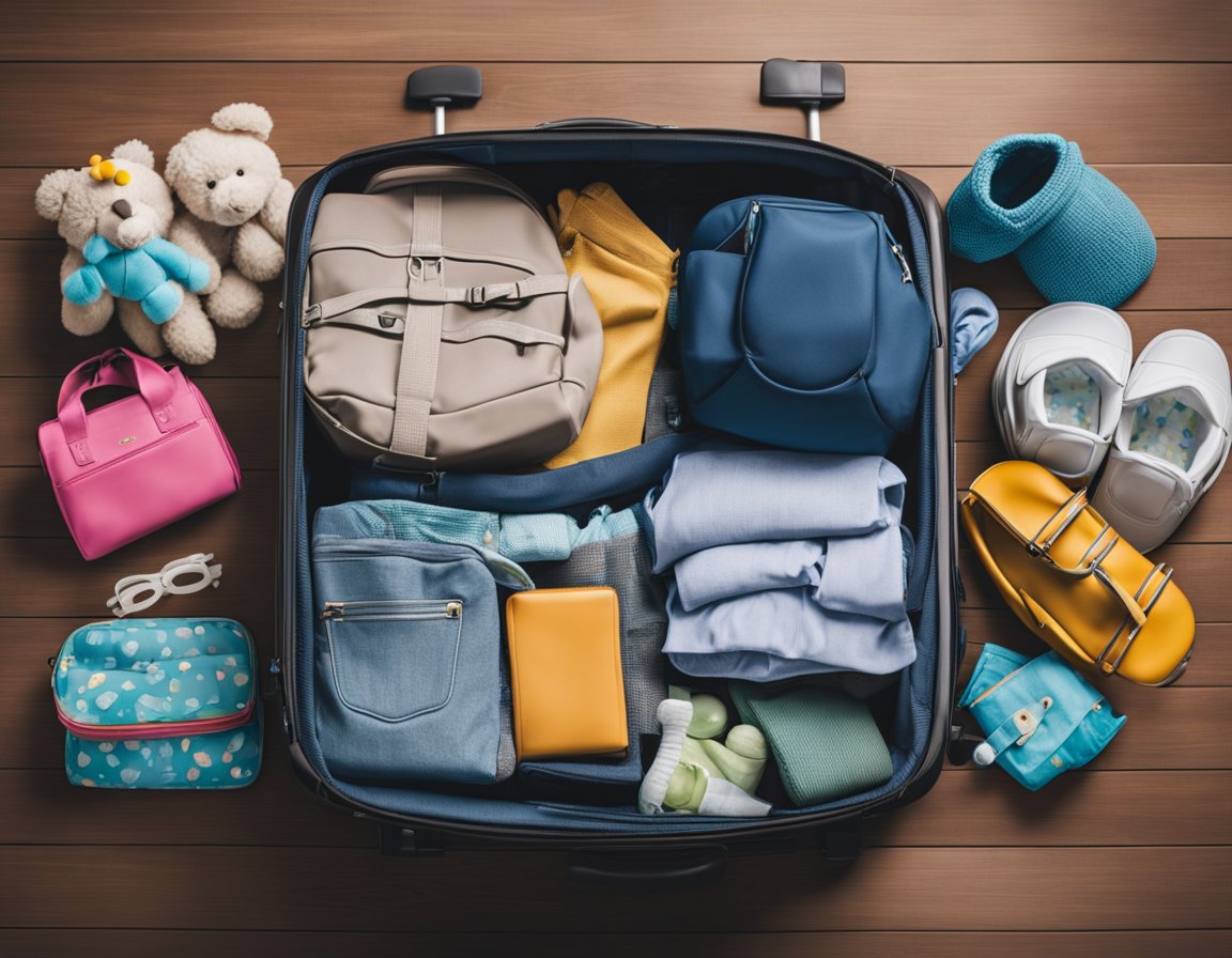 A suitcase open with neatly folded clothes, diapers, and toys spilling out. A backpack filled with snacks and activities. A stroller and car seat ready to go