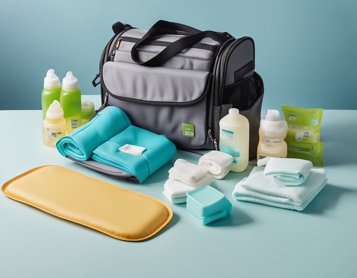 A diaper bag open on a table, filled with diapers, wipes, and potty training essentials. A small potty seat and foldable changing pad lay nearby