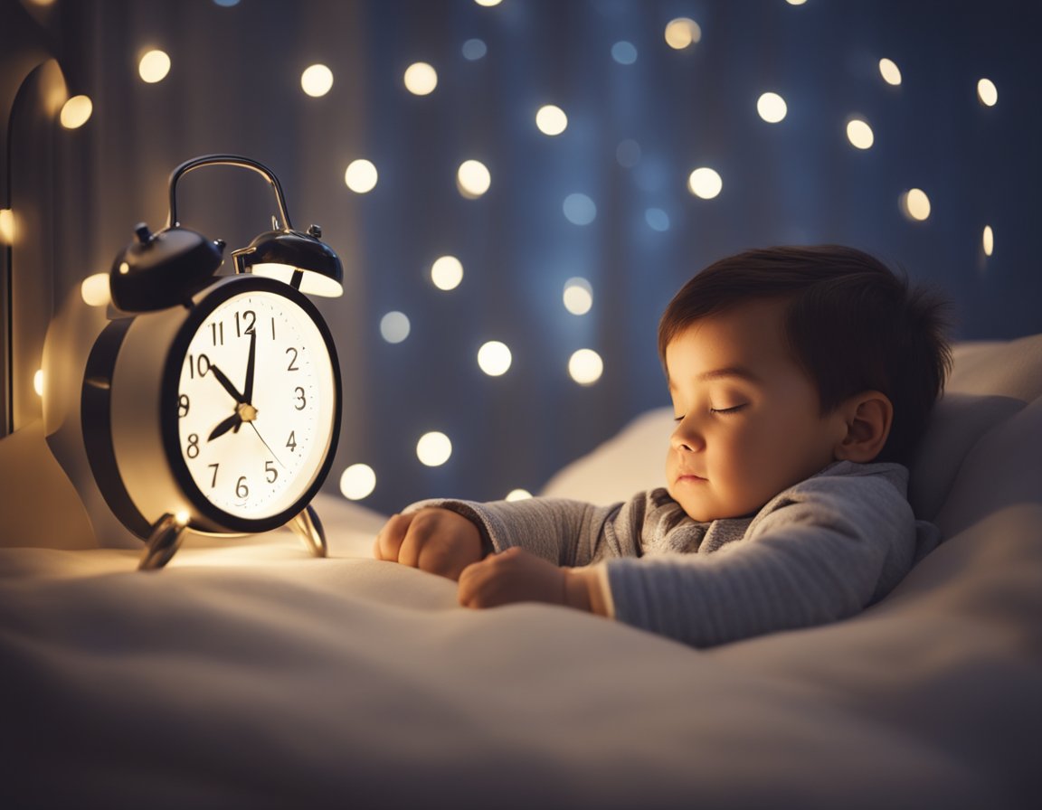 A toddler sleeps peacefully in a cozy bed with a soft nightlight glowing nearby. A clock on the wall shows the time, indicating a regular sleep schedule
